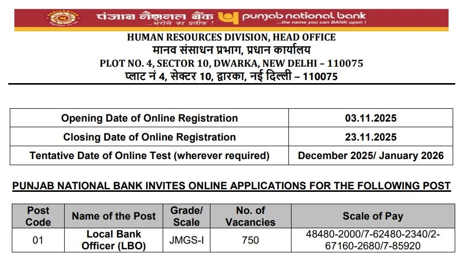 PNB Local Bank Officer 2025 recruitment banner with Punjab National Bank logo